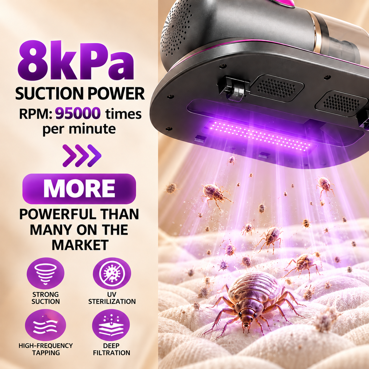 Luxvac UV-C mattress vacuum with 8kPa suction power