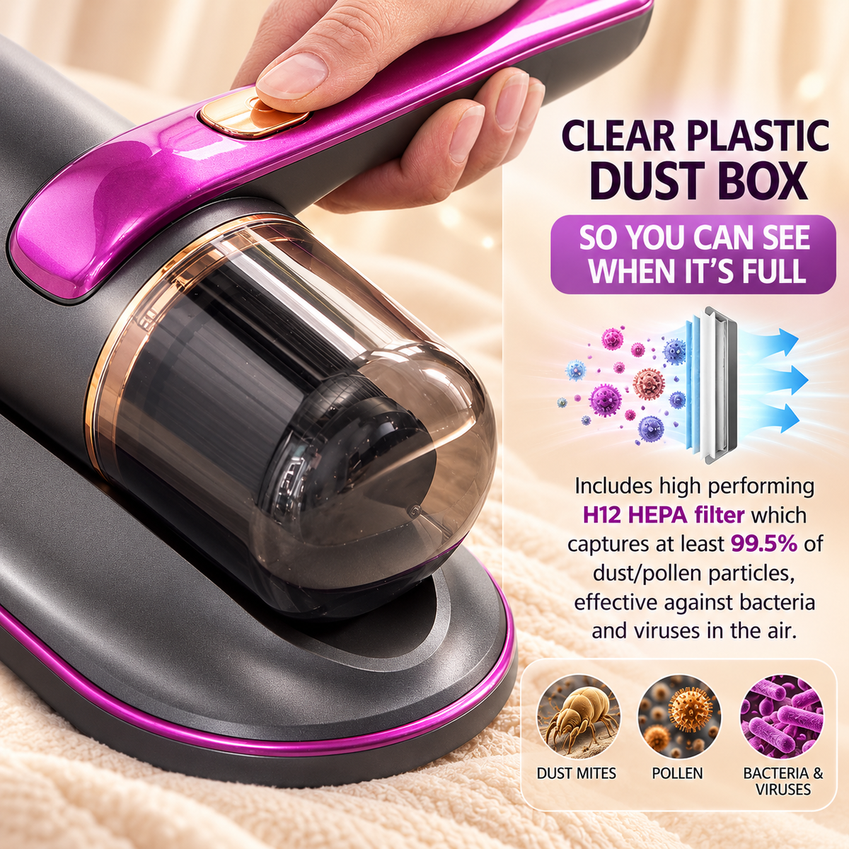 Luxvac mattress vacuum with a clear dust box and H12 HEPA filter