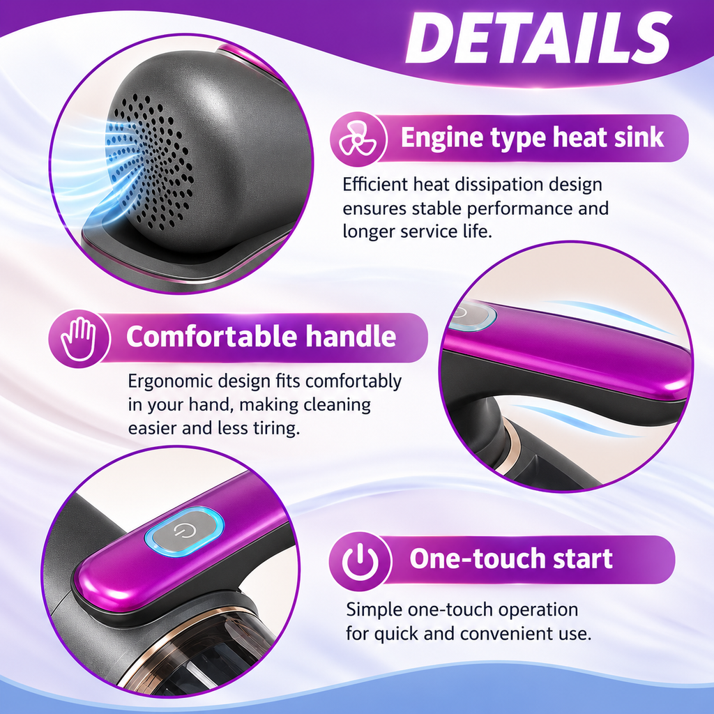 Luxvac mattress vacuum showing the heat sink, ergonomic handle, and one-touch start button