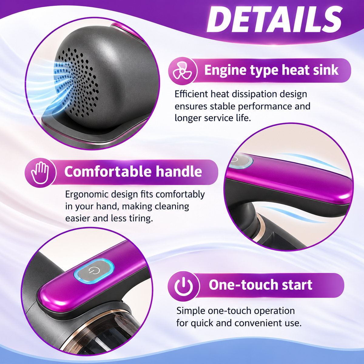 Luxvac mattress vacuum showing the heat sink, ergonomic handle, and one-touch start button