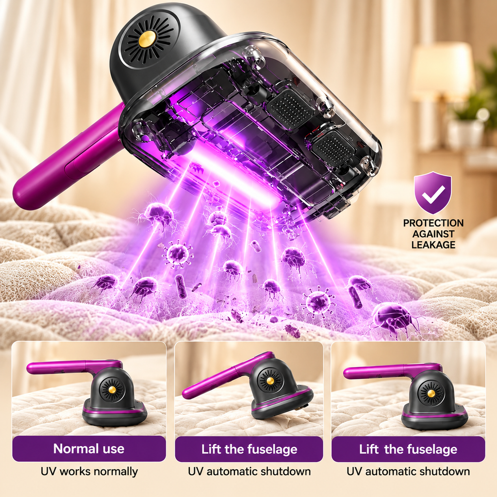 Luxvac UV-C mattress vacuum with automatic UV shutoff when lifted