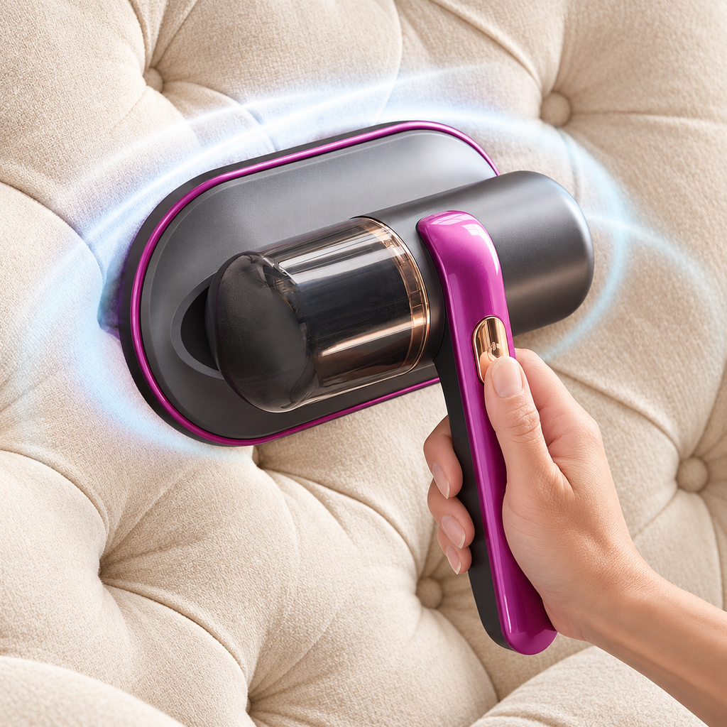 Luxvac UV-C mattress vacuum cleaning a tufted sofa