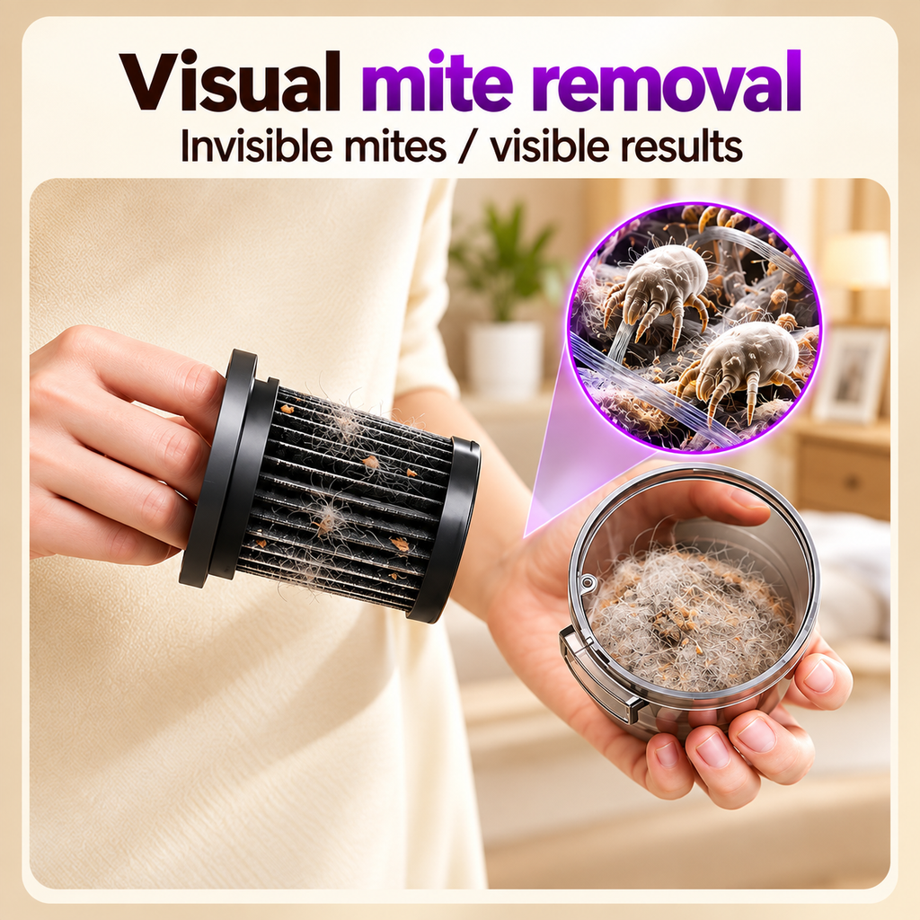 Luxvac mattress vacuum showing visible dust and mite debris collected in the filter